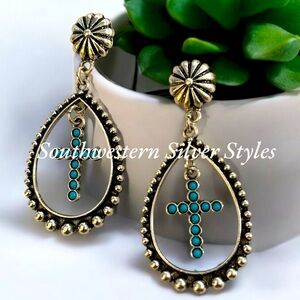 NEW Southwestern Boho Chic Turquoise Silver Plated Cross Concho Hoop Earrings